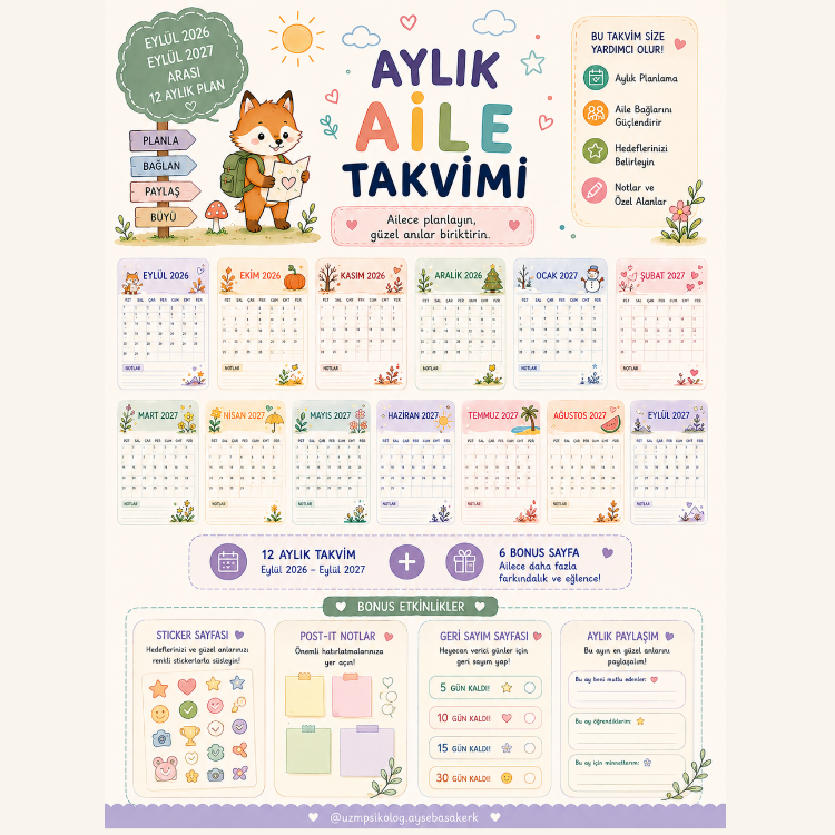 Aylık Aile Takvimi | Eylül 2026 – Eylül 2027 | Çocuklar ve Aileler İçin