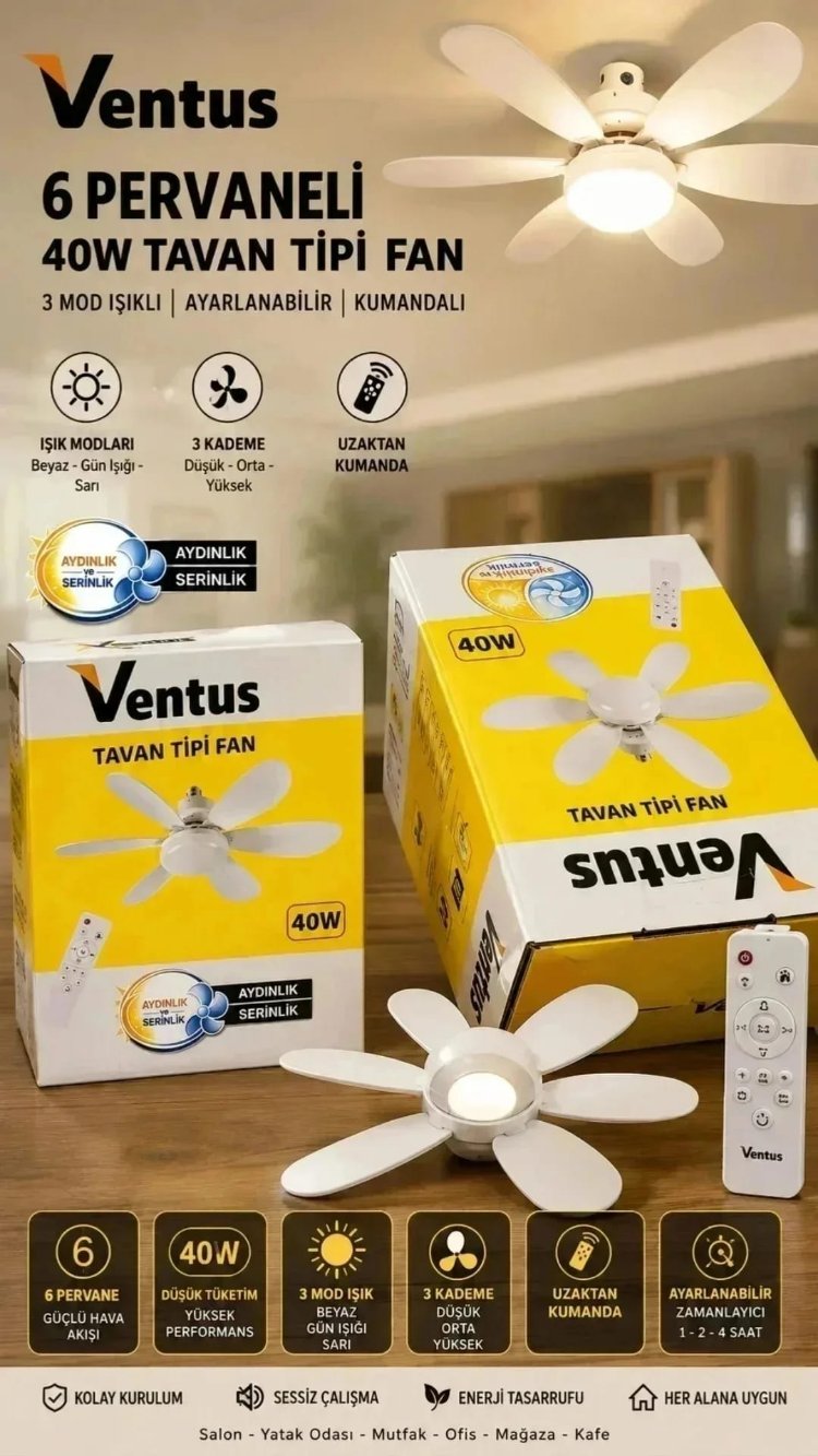 ​Ventus 6 Pervaneli 40W Tavan Fanı & LED Avize - Kumandalı, 3 Mod Işık