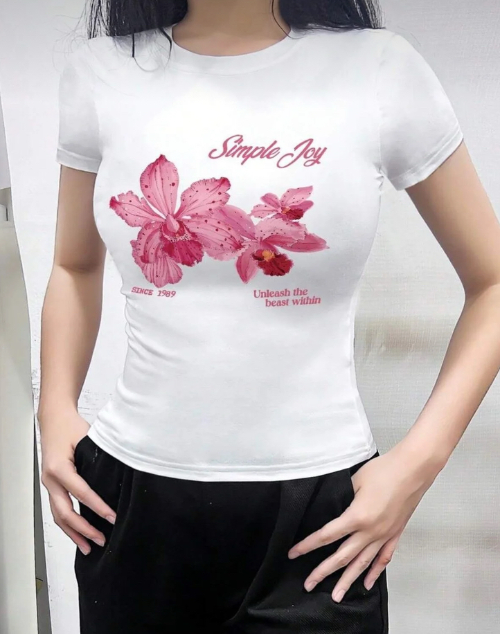 Simple Joy baskılı bisiklet yaka dar crop tshirt
