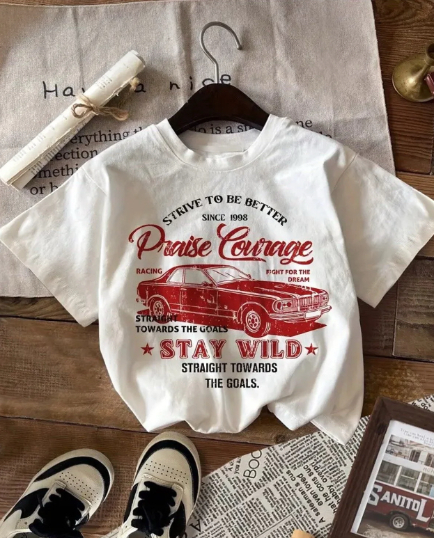 Retro araba baskılı oversize unisex tişört
