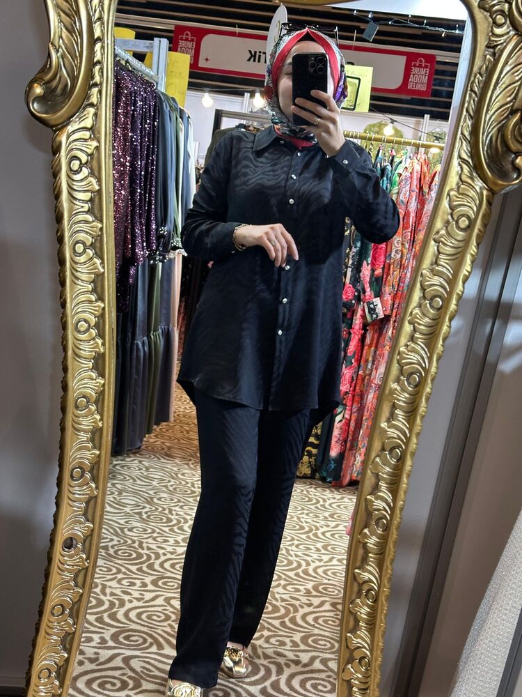 Floş Saten Gömlek Elbise Takım Doğal Kumaş - Siyah