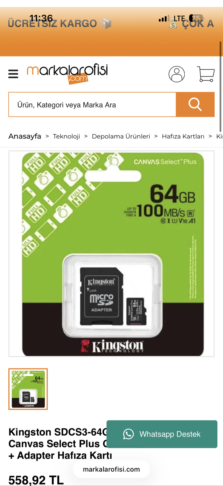 Kingston SDCS3-64GB 64GB microSDXC Canvas Select Plus Gen3 100MB-s A1 Card + Adapter Hafıza Kartı