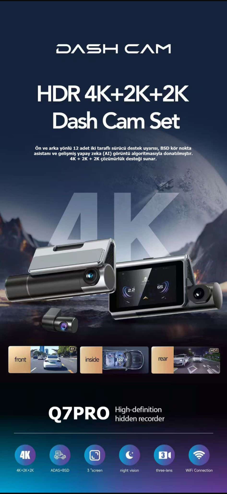 CENOVA Q7 4K 3 KAMERA ARAÇ KAMERASI (WİFİ)