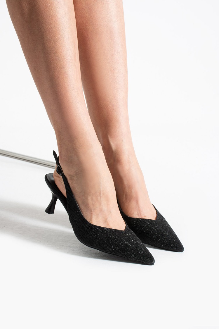 AURELIA Kadın Siyah Simli Sivri Burun Slingback 6 cm İnce Topuk Parlak Simli Abiye Ayakkabı