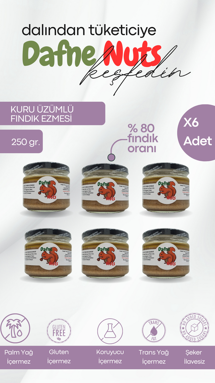 Ege Kuru Üzümlü Fındık Ezmesi 250 Gr. (6 Adet) - Meyveli Taneli Yoğun Kıvam