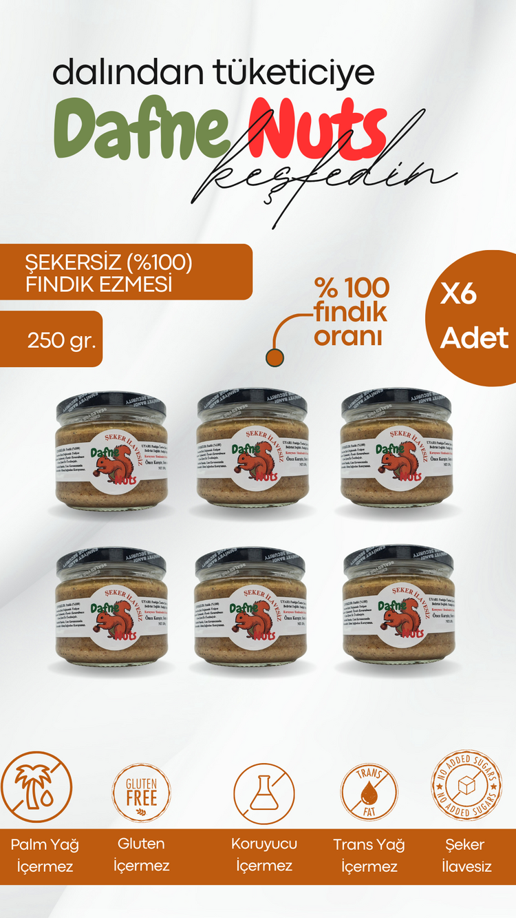 Şekersiz (%100) Fındık Ezmesi 250 Gr. (6 Adet) - Taneli Yoğun Kıvam