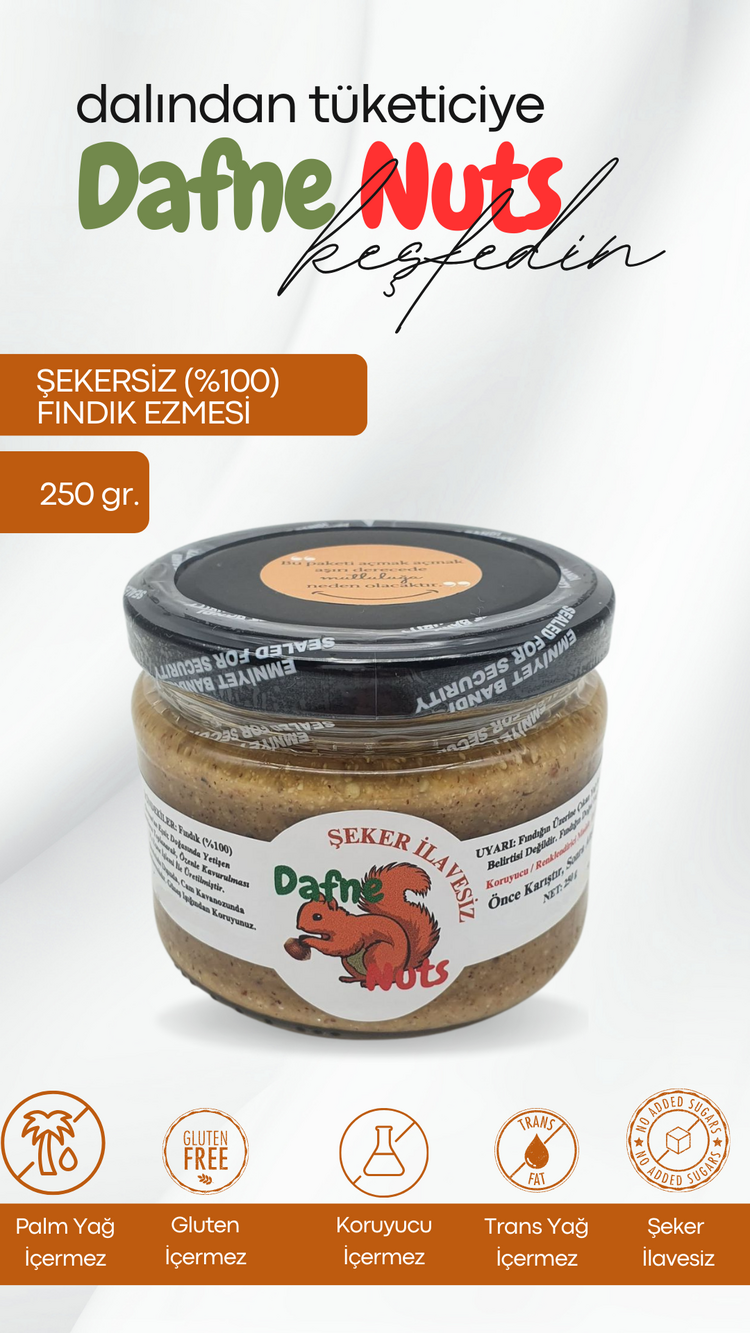 Şekersiz (%100) Fındık Ezmesi 250 Gr. (6 Adet) - Taneli Yoğun Kıvam
