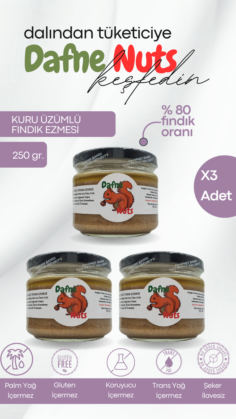 Ege Kuru Üzümlü Fındık Ezmesi 250 Gr. (3 Adet) - Meyveli Taneli Yoğun Kıvam
