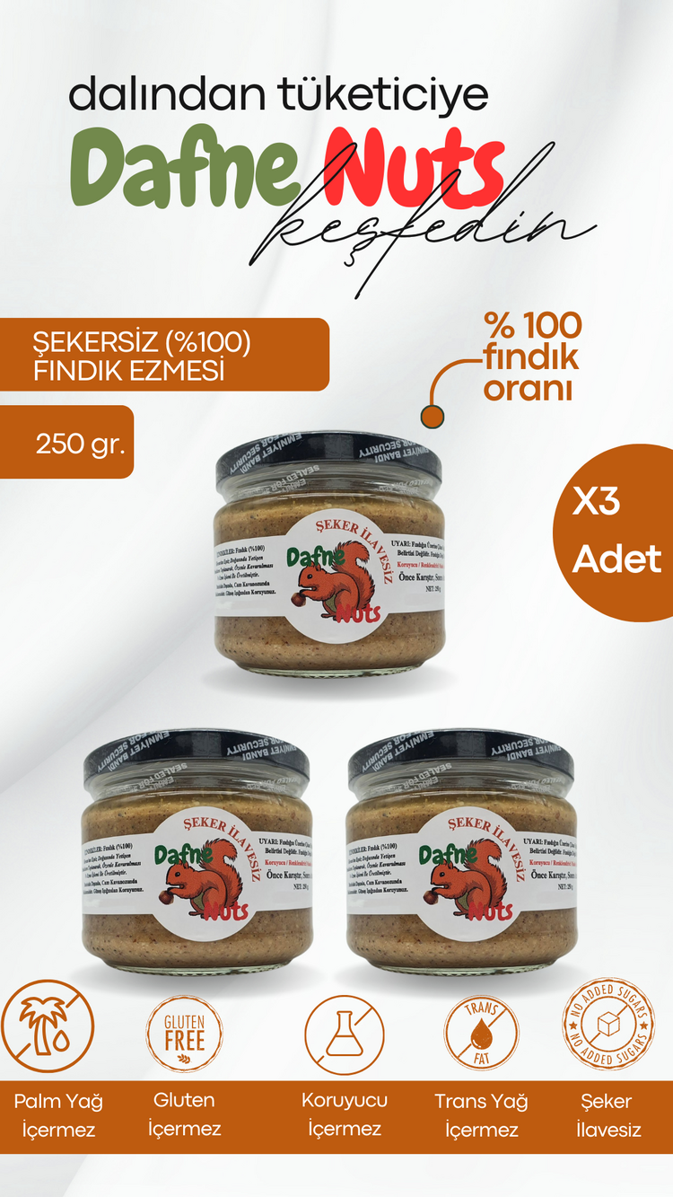 Şekersiz (%100) Fındık Ezmesi 250 Gr. (3 Adet) - Taneli Yoğun Kıvam