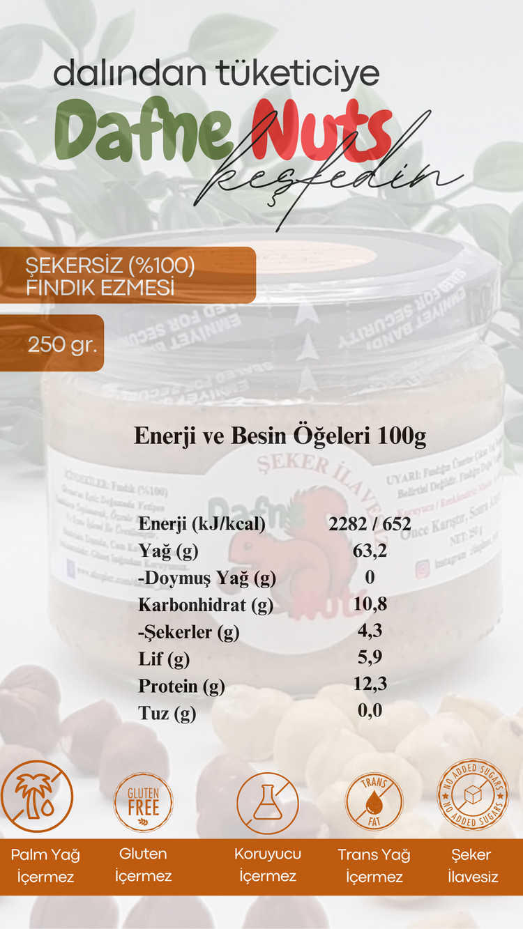 Şekersiz (%100) Fındık Ezmesi 250 Gr. - Taneli Yoğun Kıvam