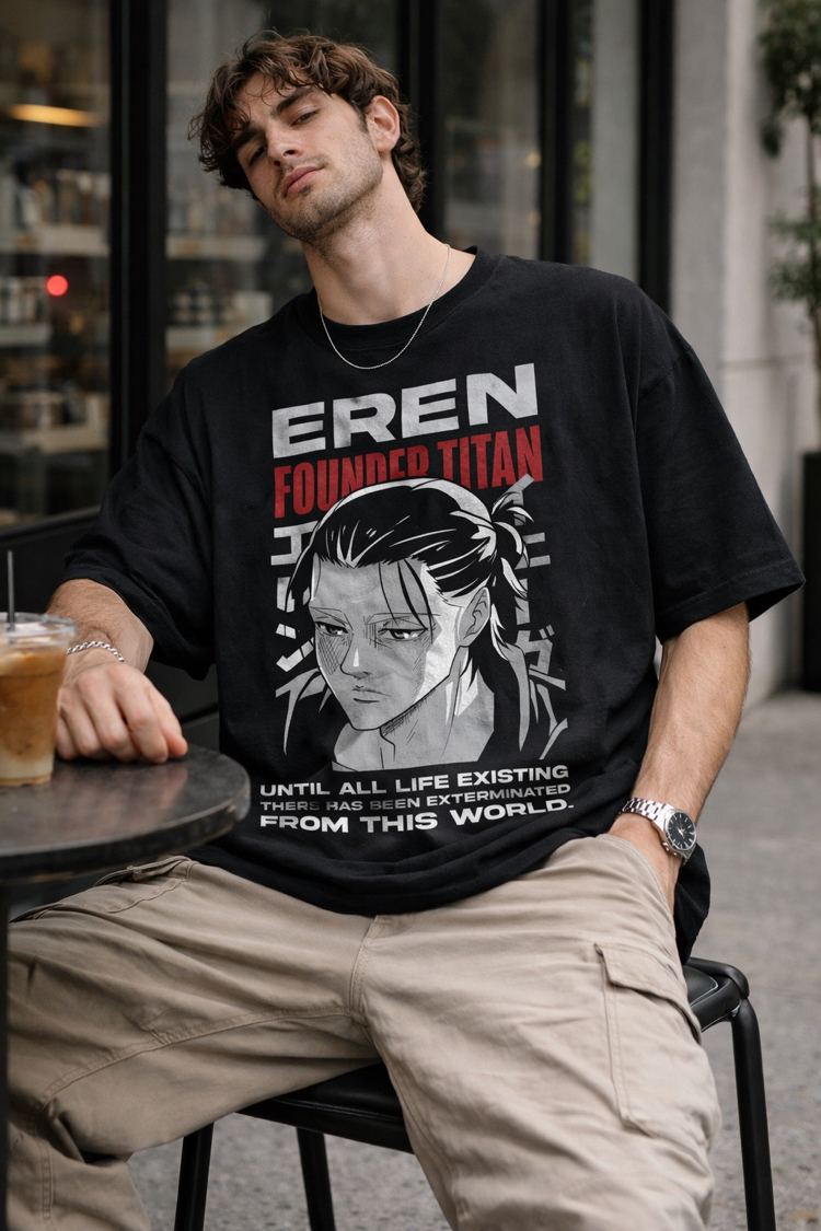 Attack on Titan Eren Founder Titan Oversize Siyah Tişört