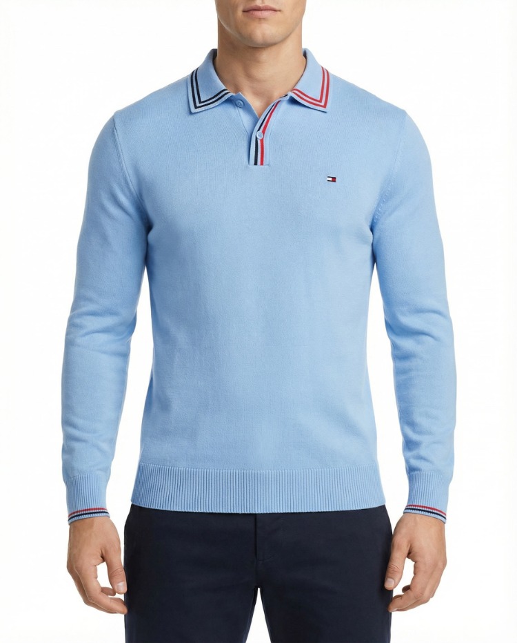 Polo Yaka Uzun Kollu Erkek Sweat-MAVİ