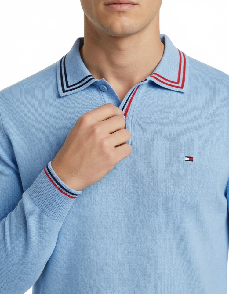 Polo Yaka Uzun Kollu Erkek Sweat-MAVİ