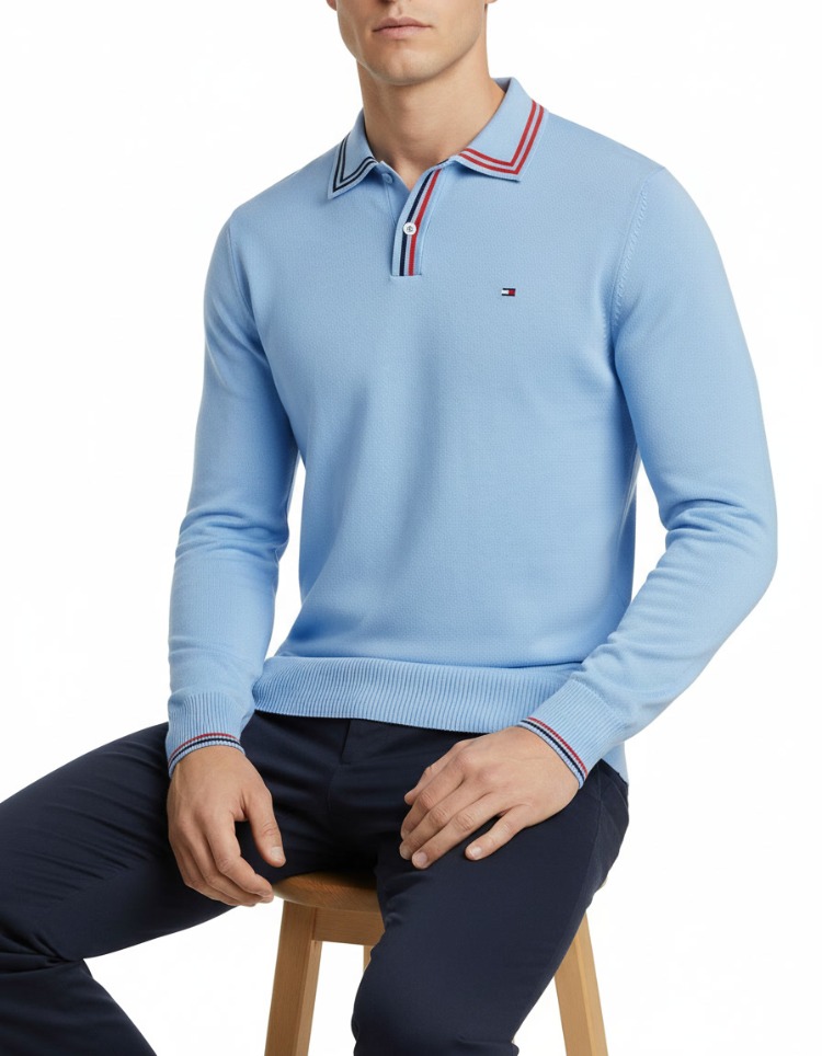 Polo Yaka Uzun Kollu Erkek Sweat-MAVİ