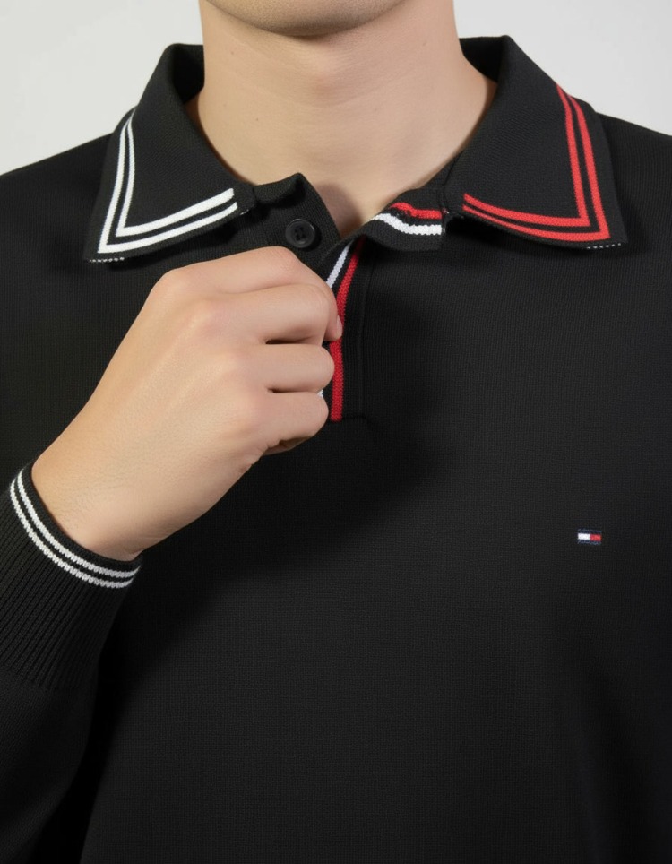 Polo Yaka Uzun Kollu Erkek Sweat-SİYAH