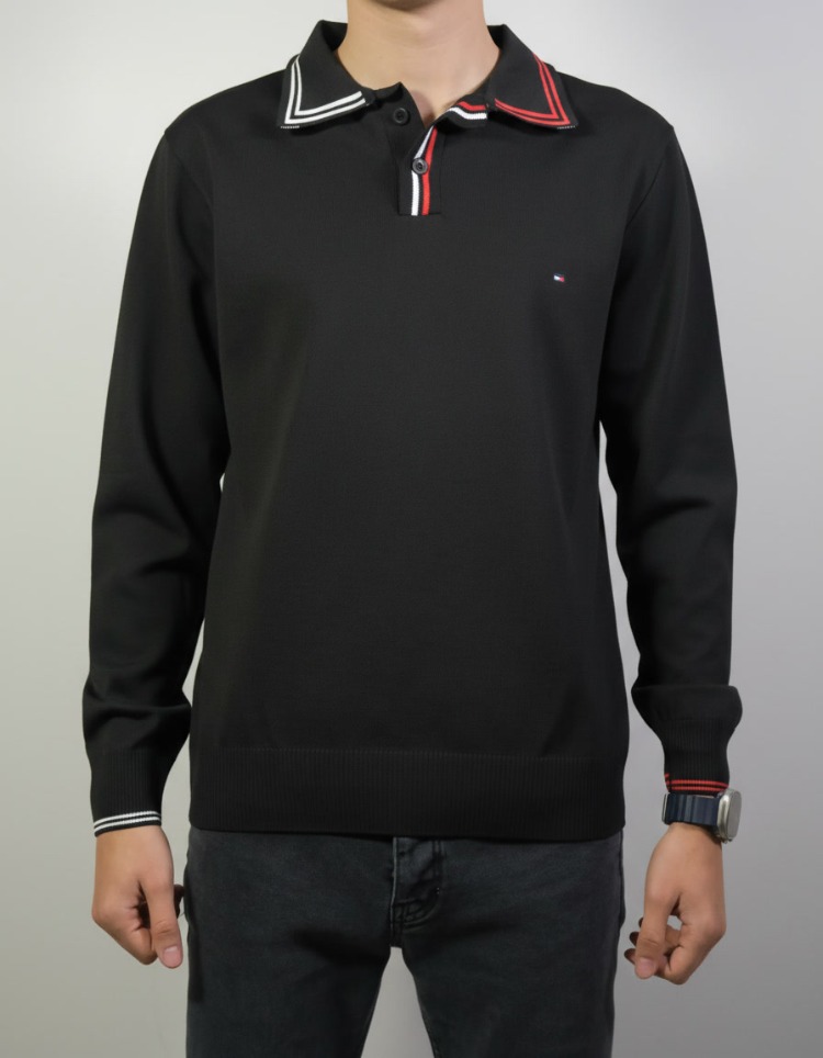 Polo Yaka Uzun Kollu Erkek Sweat-SİYAH
