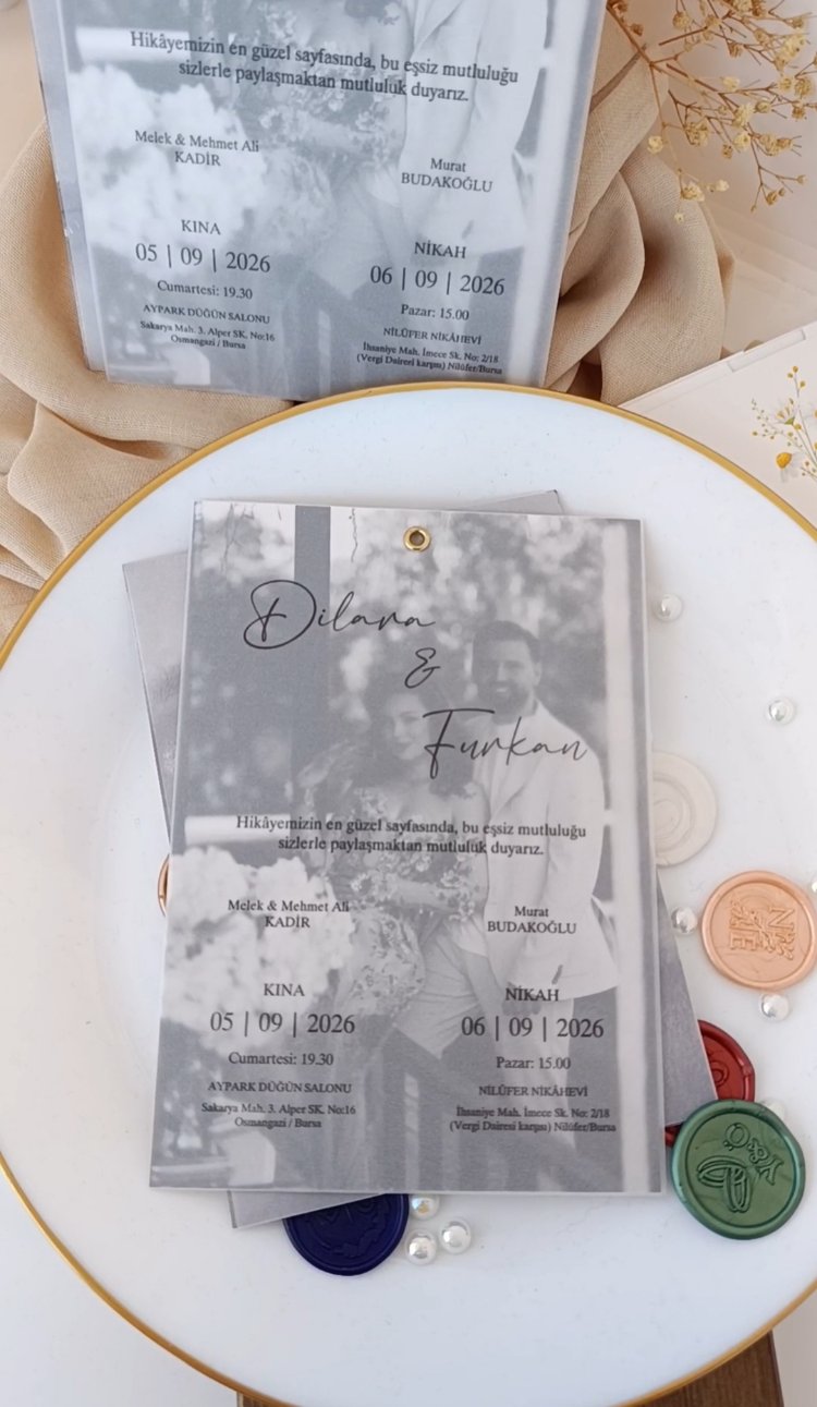Kuş gözlü davetiye, şeffaf zarfa baskılı