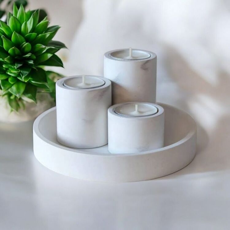 Beton Tepsili 3'lü Tealight Mumluk Seti – Şıklık ve Doğallığın Buluşması