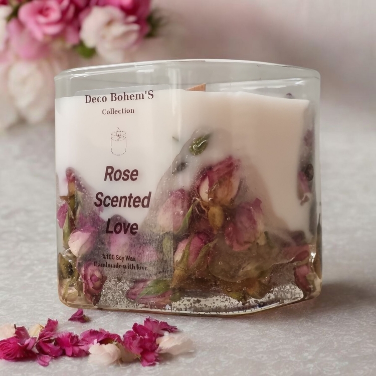 Gerçek Kurutulmuş Gül Tomurcuklu Ahşap Fitilli Soya Wax Mum,Gül Kokulu Jel Mum