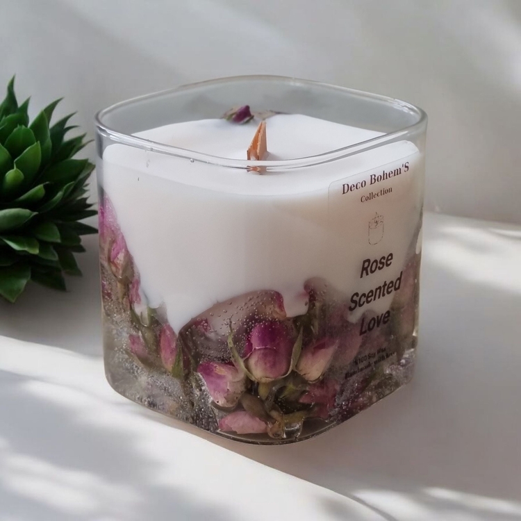 Gerçek Kurutulmuş Gül Tomurcuklu Ahşap Fitilli Soya Wax Mum,Gül Kokulu Jel Mum
