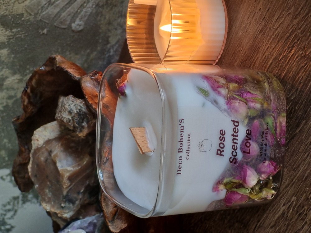 Gerçek Kurutulmuş Gül Tomurcuklu Ahşap Fitilli Soya Wax Mum,Gül Kokulu Jel Mum