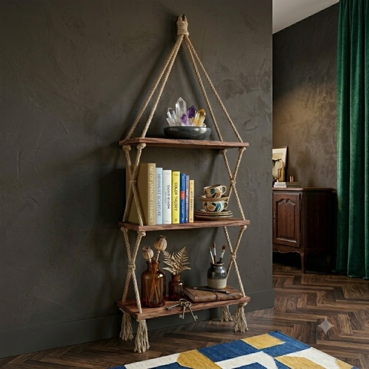 DegaTasarım Boho 3 Katlı Halatlı Duvar Rafı
