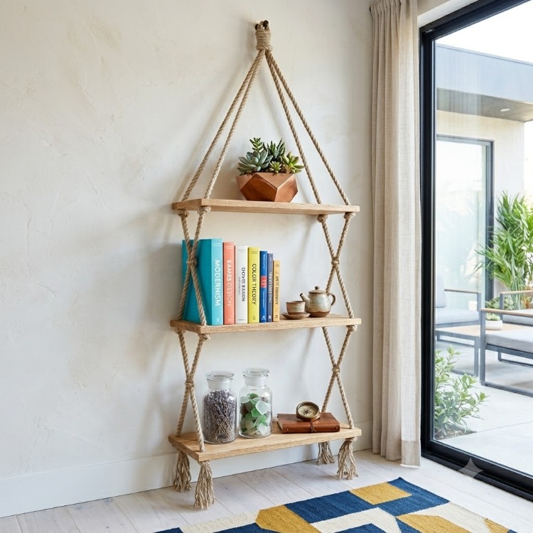 DegaTasarım Boho 3 Katlı Halatlı Duvar Rafı
