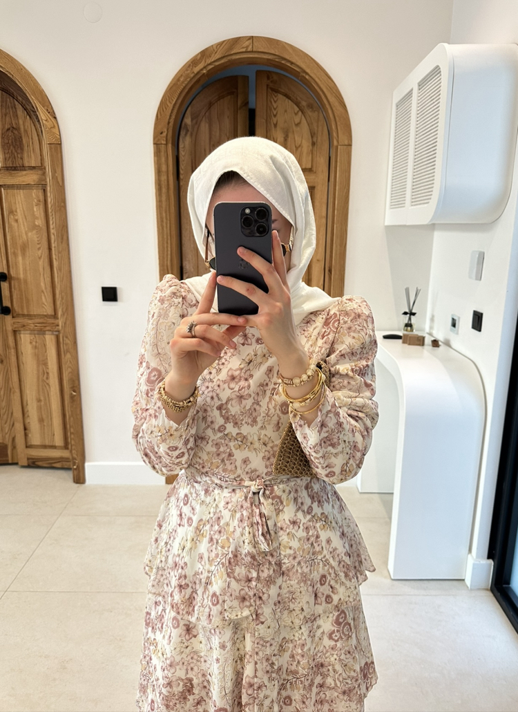 Gigi Desenli Şifon Elbise Gülkurusu