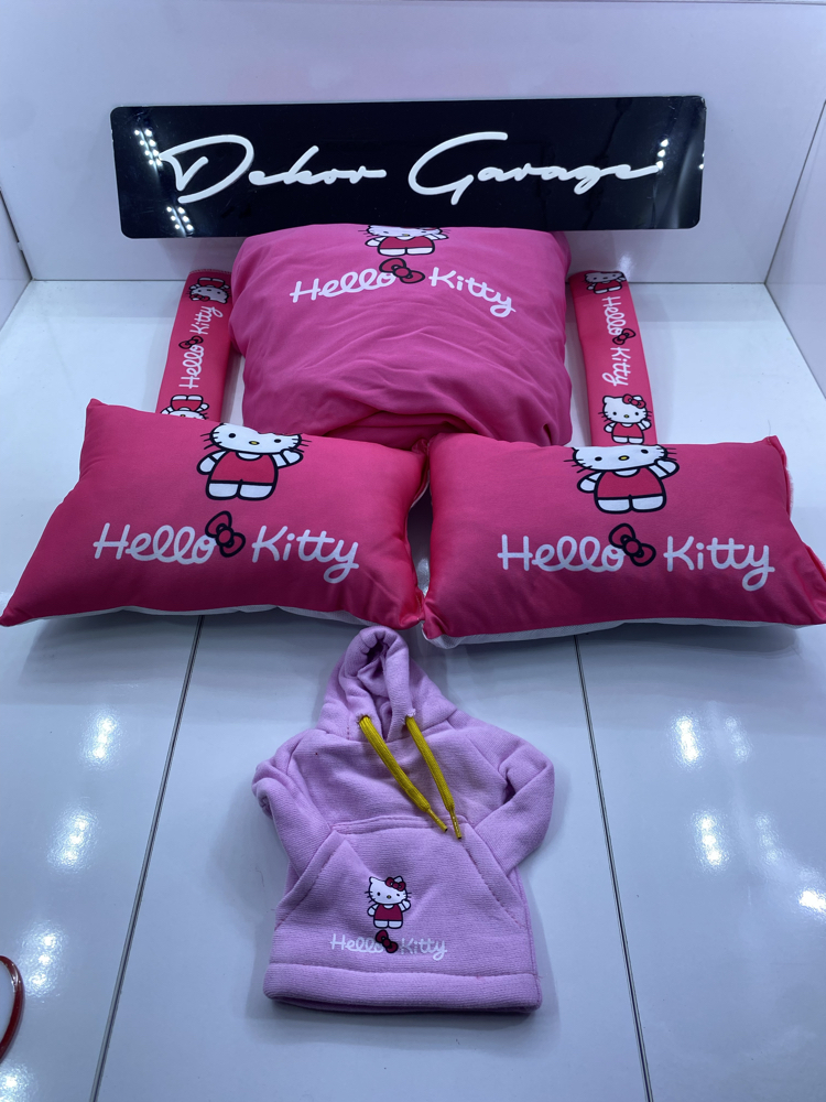 Hello Kitty Pembe Süper Set Penye Kılıf + Kemer Ped + Boyun Yastığı + Vites Poları
