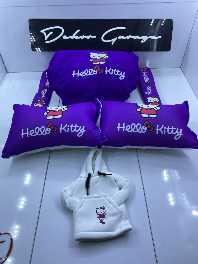 Hello Kitty Mor Süper Set Penye Kılıf + Kemer Ped + Boyun Yastığı + Vites Poları