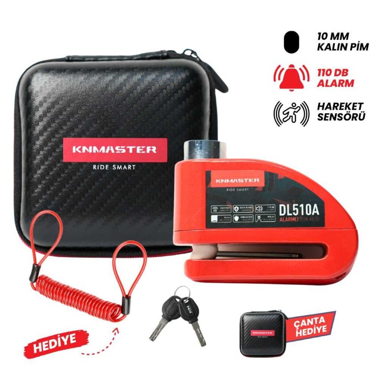  KNMASTER DL510A – 10 mm Alarmlı Motosiklet Disk Kilidi | Kırmızı