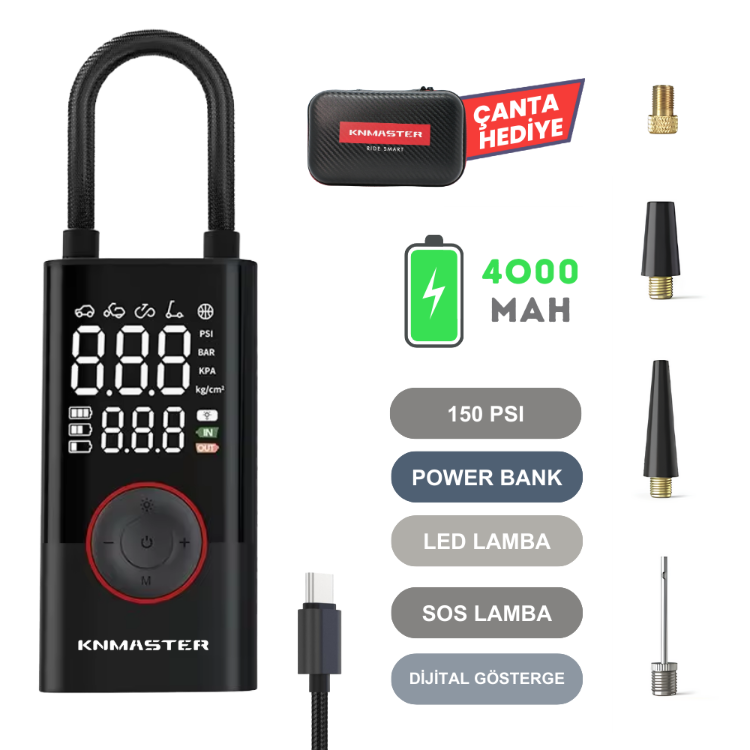  Knmaster LP200 – 150 PSI Dijital Göstergeli Şarjlı Hava Pompası