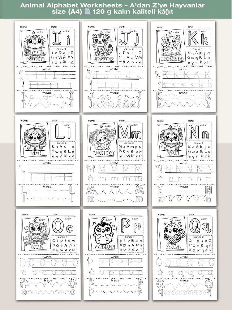 Animal Alphabet Worksheets – A’dan Z’ye Hayvanlar (OK06)