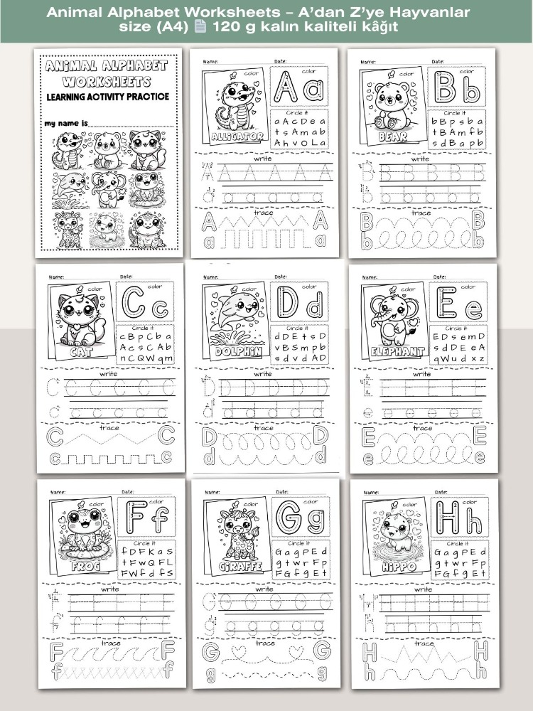Animal Alphabet Worksheets – A’dan Z’ye Hayvanlar (OK06)