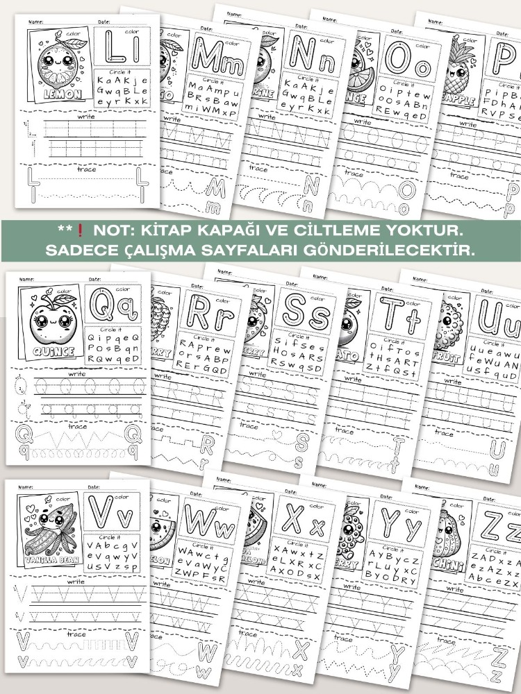 Meyve Temalı Alfabe Öğrenme ve Boyama Çalışma Sayfaları Seti (OK07)