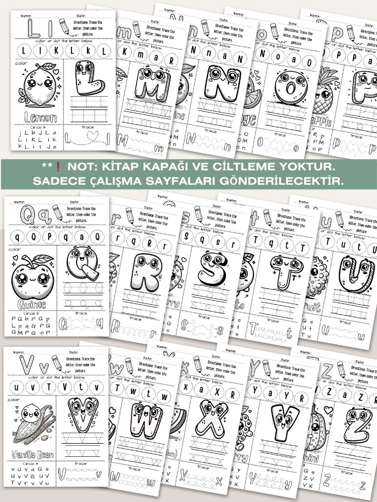 Meyve ve Sebze Temalı Eğitici Alfabe Çalışma Sayfaları (OK11)