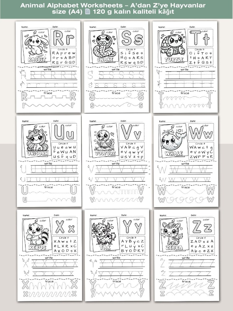 Animal Alphabet Worksheets – A’dan Z’ye Hayvanlar (OK06)