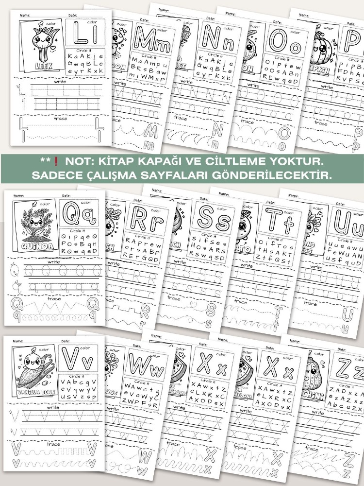 Sebze Temalı Alfabe Öğrenme ve Boyama Çalışma Sayfaları (OK08)