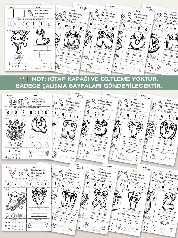 Sebze Temalı Alfabe Boyama ve Çalışma Sayfaları (OK10)