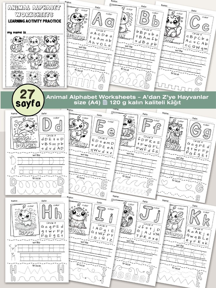 Animal Alphabet Worksheets – A’dan Z’ye Hayvanlar (OK06)