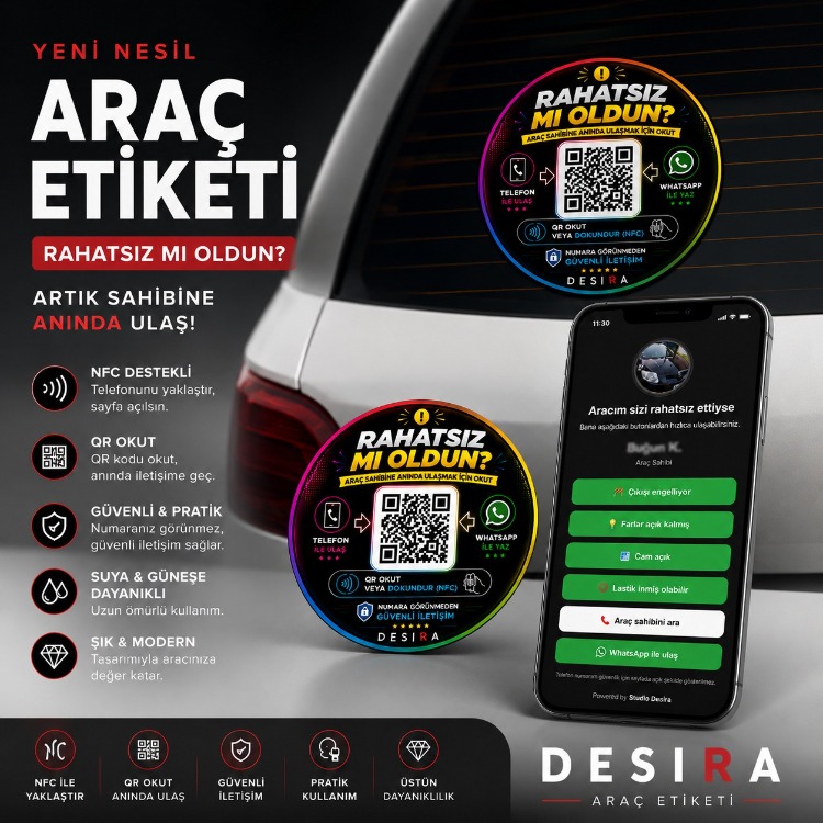 2 Adet Etiket | NFC & QR Araç İletişim Etiketi | Telefonunu Yaklaştır Sayfa Açılsın