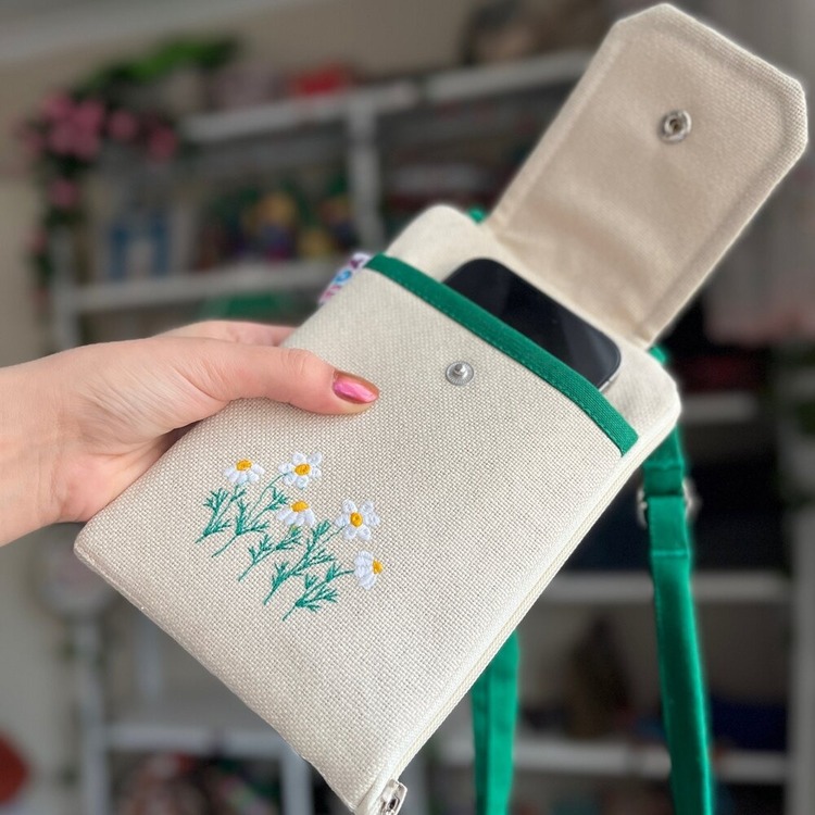 Telefon Bölmeli Cüzdan Çanta(Yeşil Papatya)