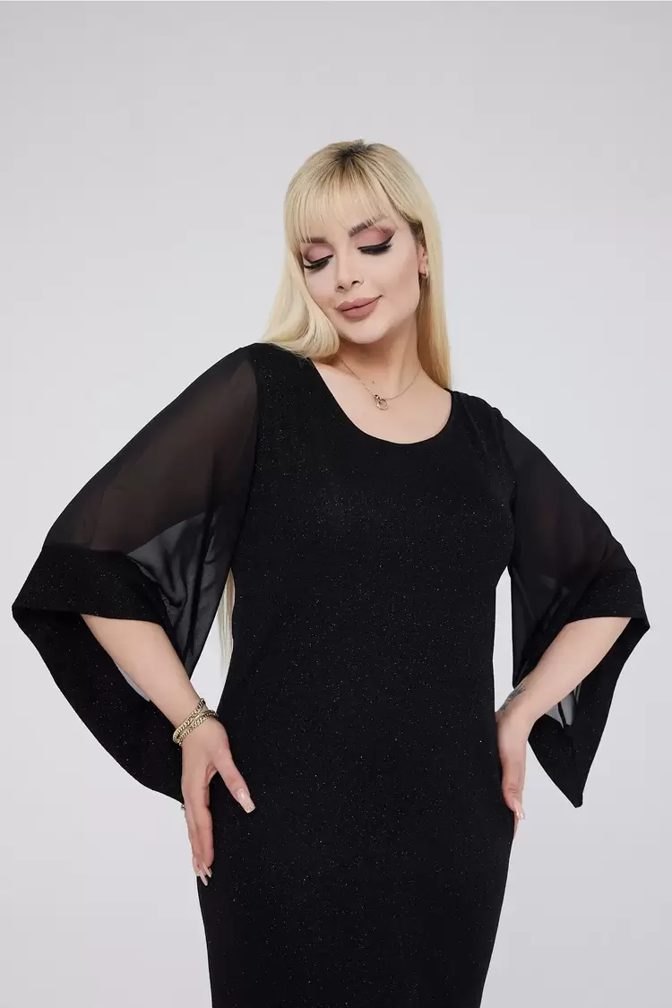 Büyük Beden Kısa Abiye, Siyah, Lacivert Simli, Şifon V Yaka, Midi Düğün Anne Abiye 44-60