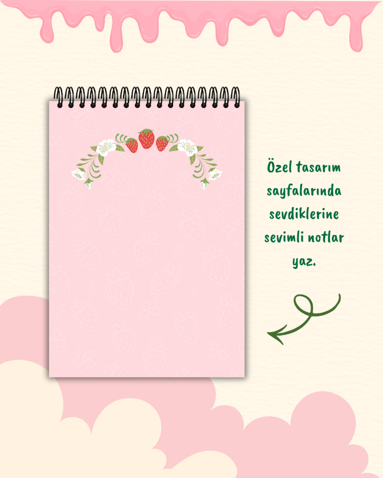 Kişiye Özel Çilek Temalı Telli Defter A5