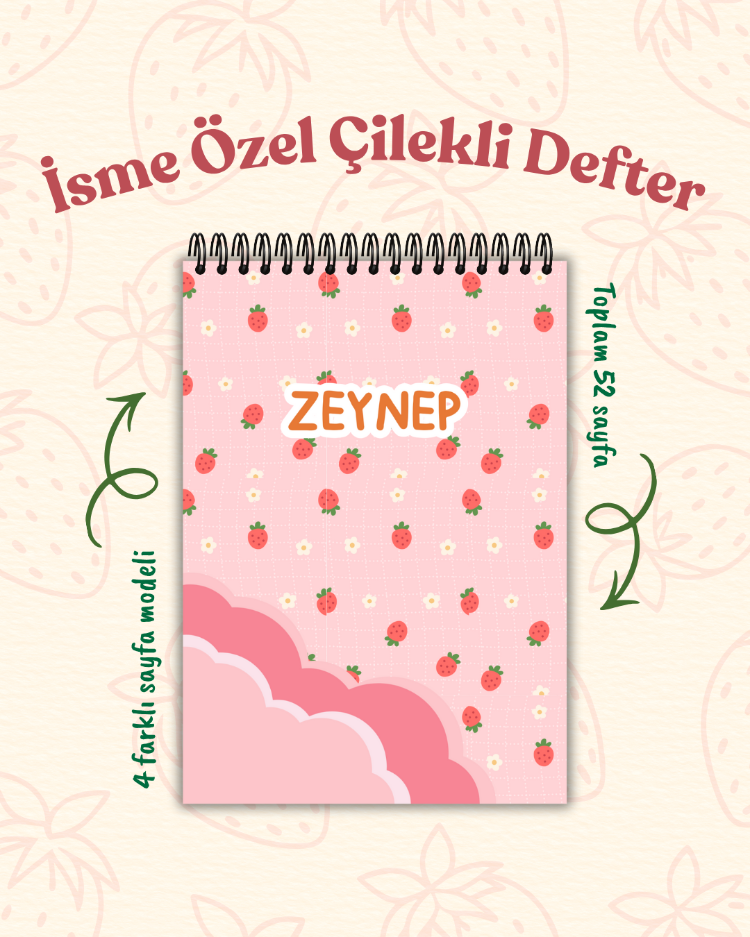 Kişiye Özel Çilek Temalı Telli Defter A5