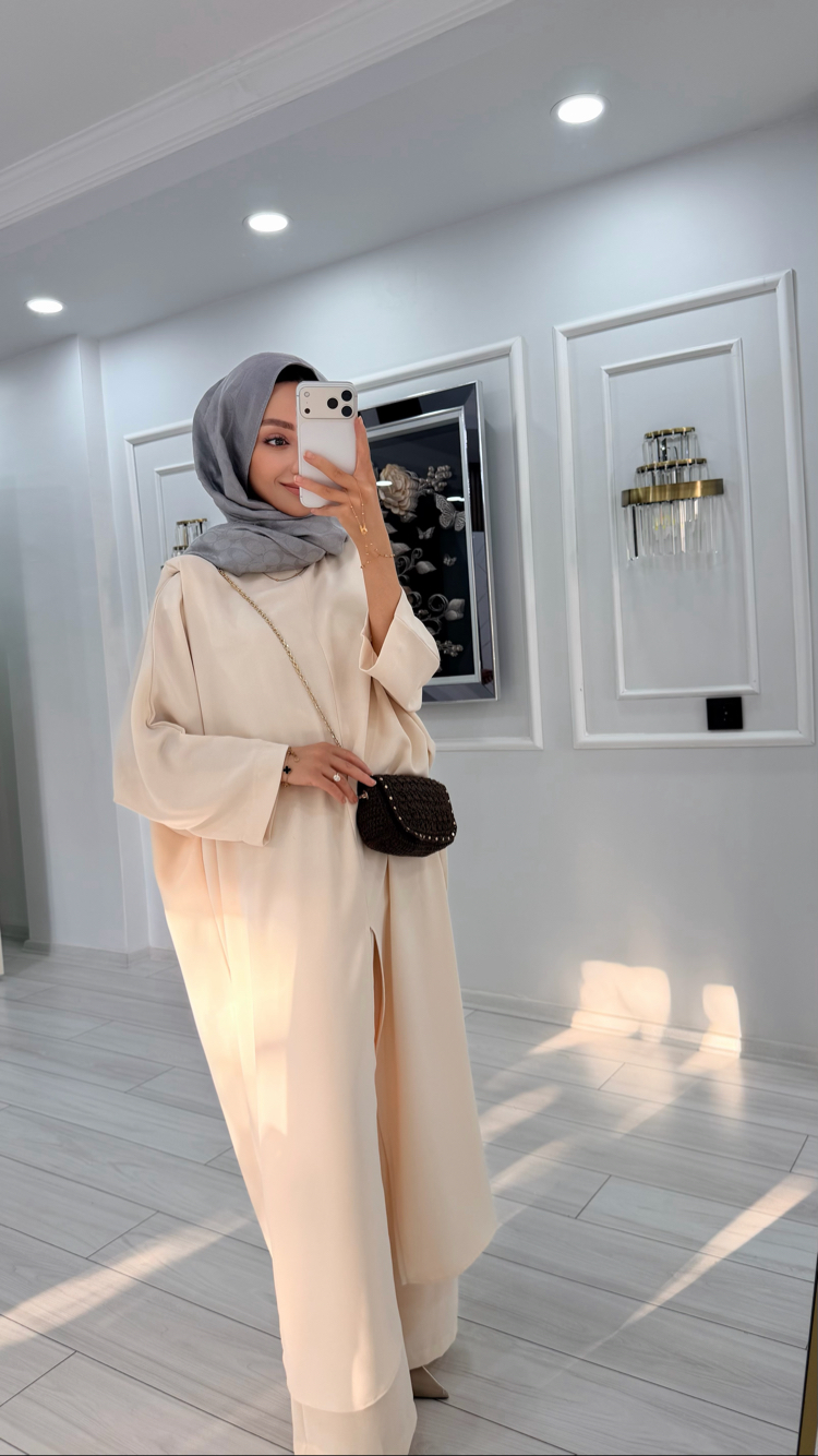 Ekru Pantolonlu Abaya/Tunik Takım