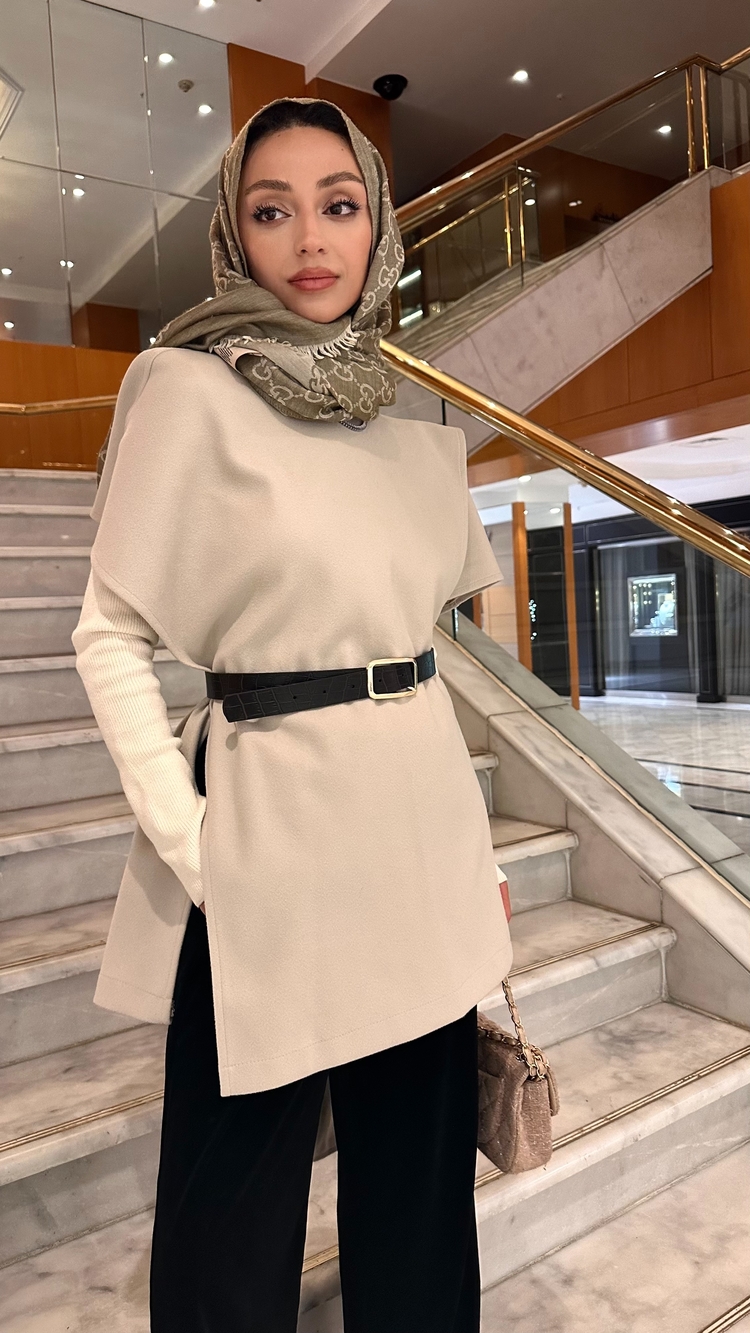 Beige Flow Kemerli Şal Panço