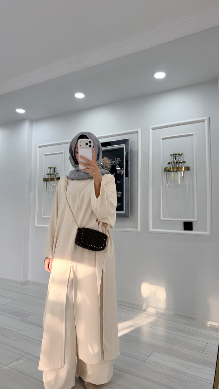 Ekru Pantolonlu Abaya/Tunik Takım
