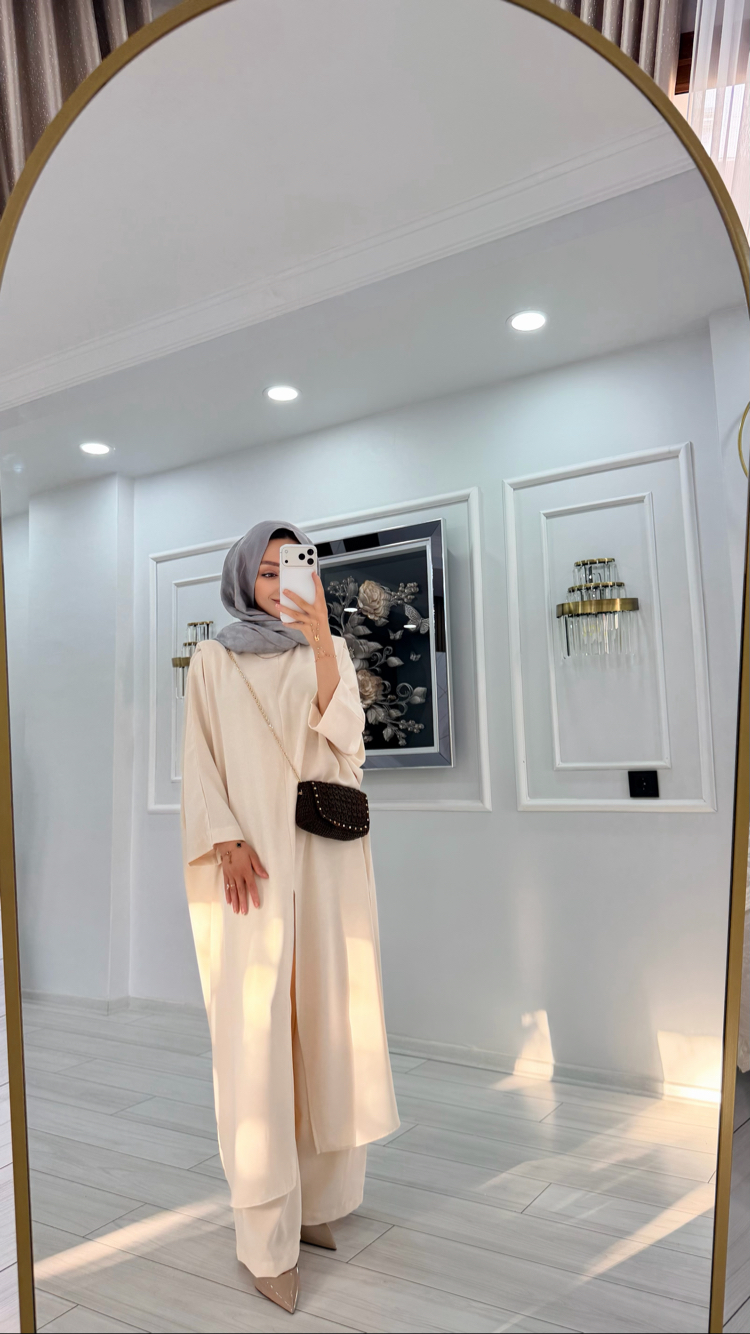 Ekru Pantolonlu Abaya/Tunik Takım