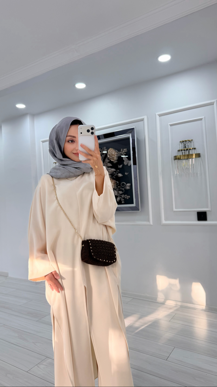 Ekru Pantolonlu Abaya/Tunik Takım